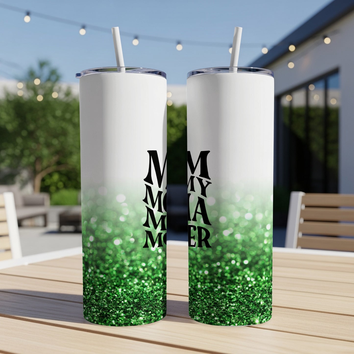 Two tumblers with "Mommy Mama Mama" text on a white and green glitter background.