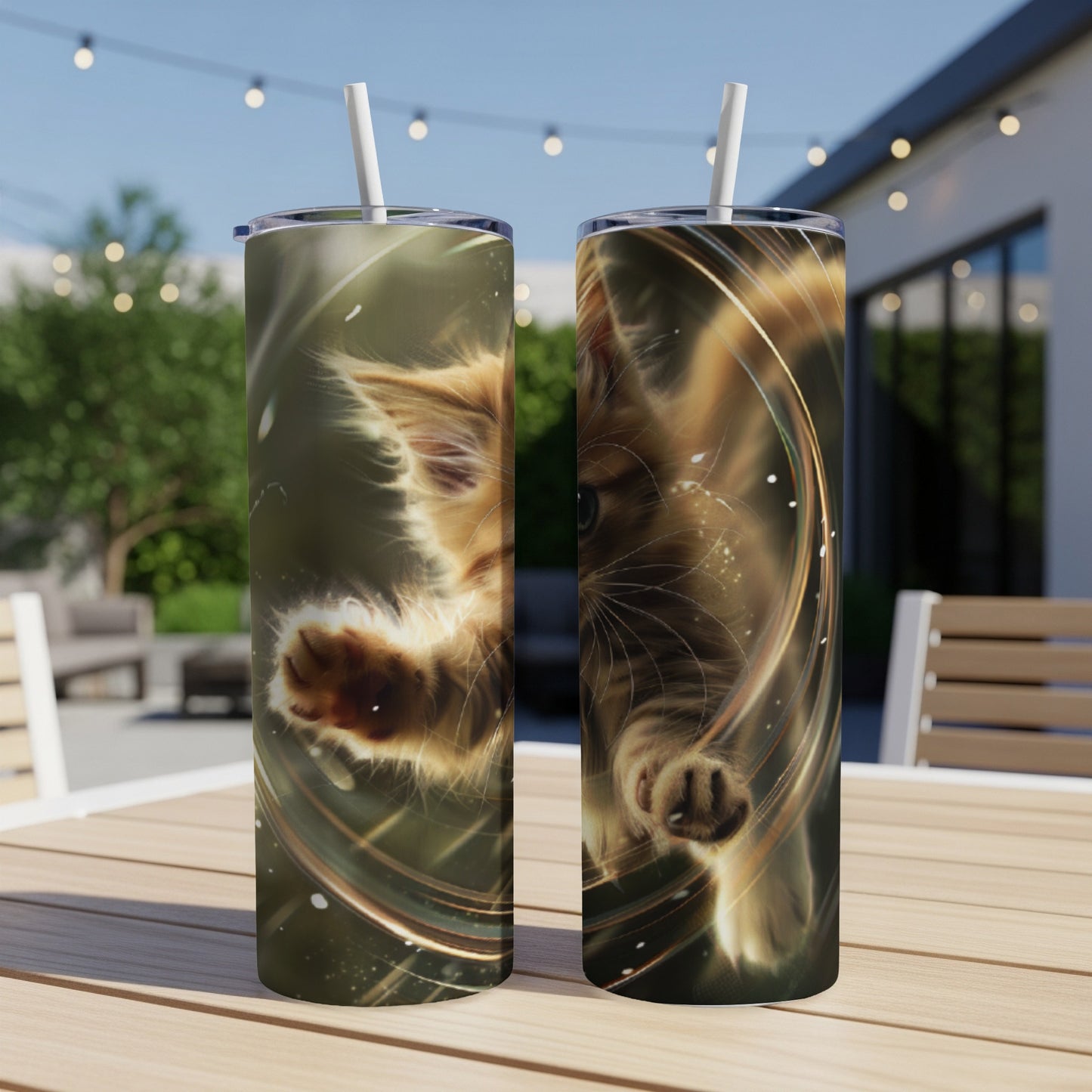 Orange tabby cat with golden swirls on a skinny tumbler.
