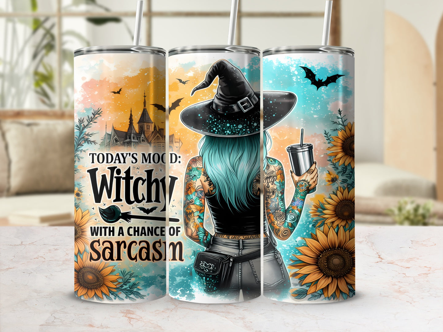 Tumbler with witch and sunflowers, text: Today's Mood: Witchy with a Chance of Sarcasm.