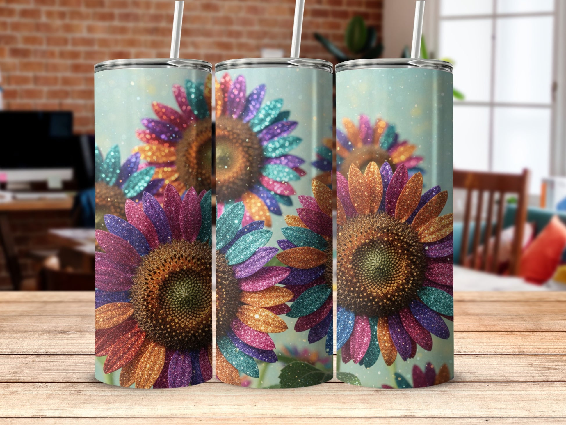 Colorful Glitter Sunflower Insulated Tumbler Cup