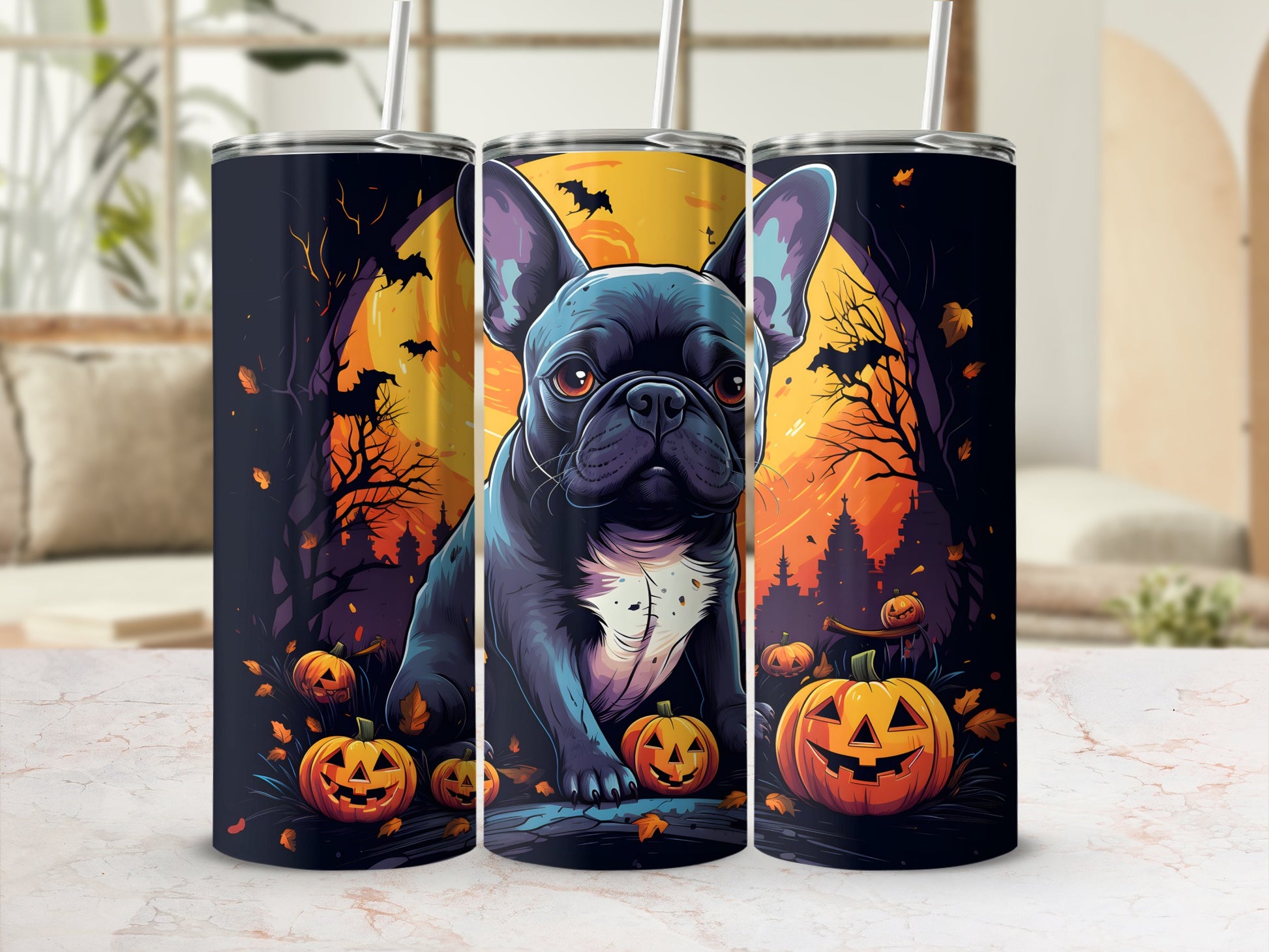 Halloween French Bulldog with pumpkins and bats on a dark night moon background.