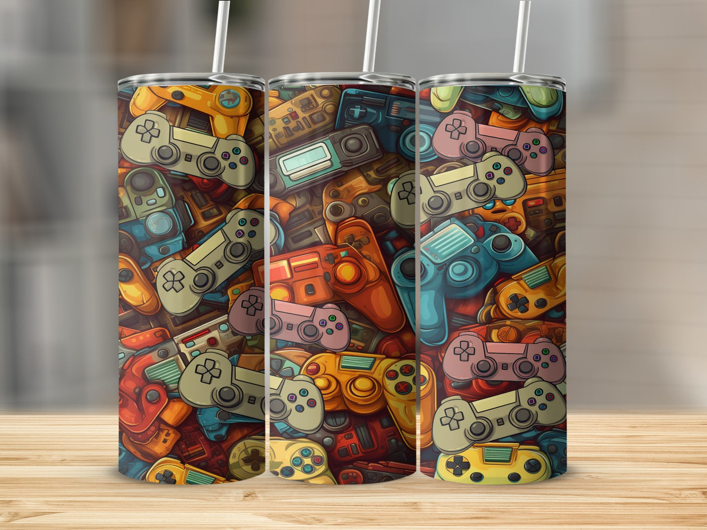 Collage of colorful video game controllers on a tumbler.