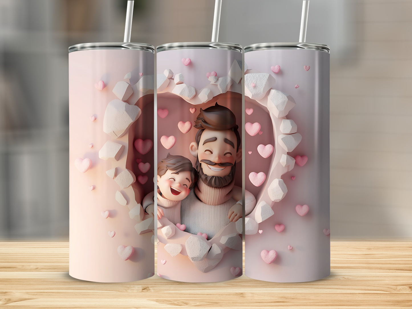 Pink tumbler with cartoon father and child inside heart shaped opening.