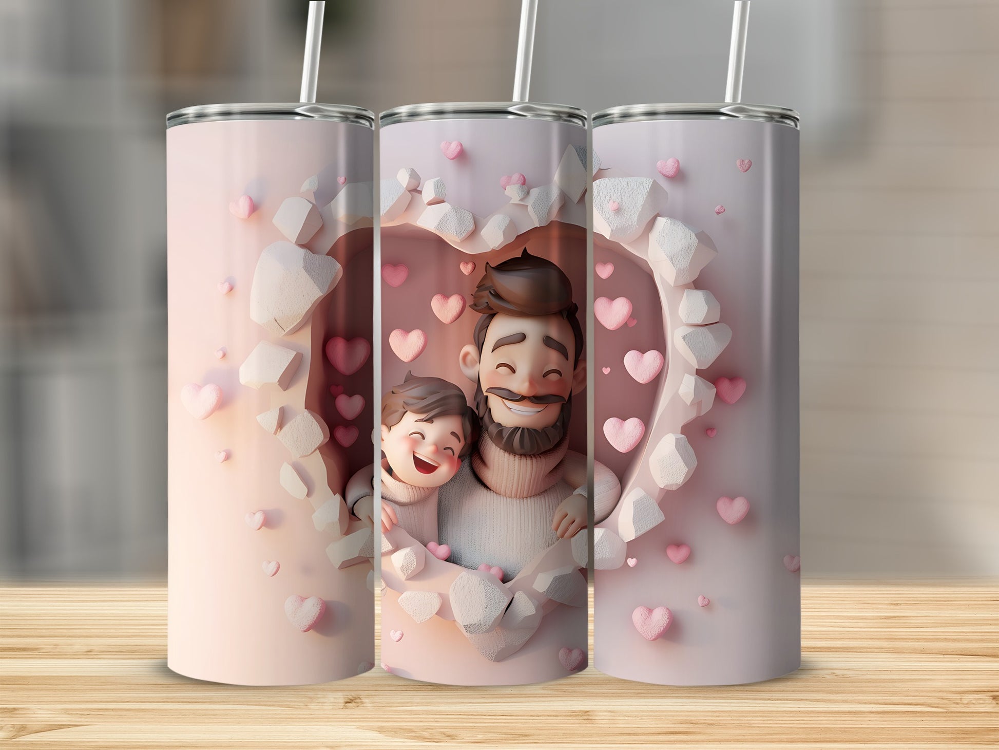 Pink tumbler with cartoon father and child inside heart shaped opening.