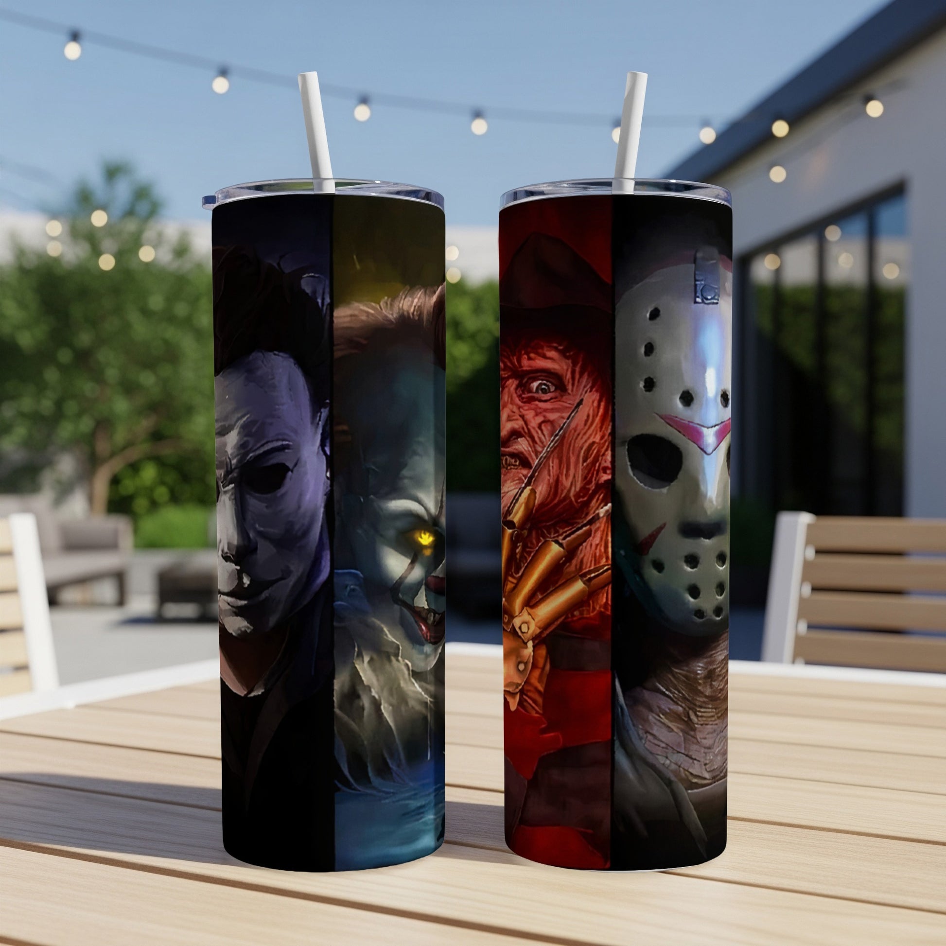 Two tumblers featuring horror movie villains Michael Myers, Pennywise, Freddy Krueger, and Jason Voorhees.