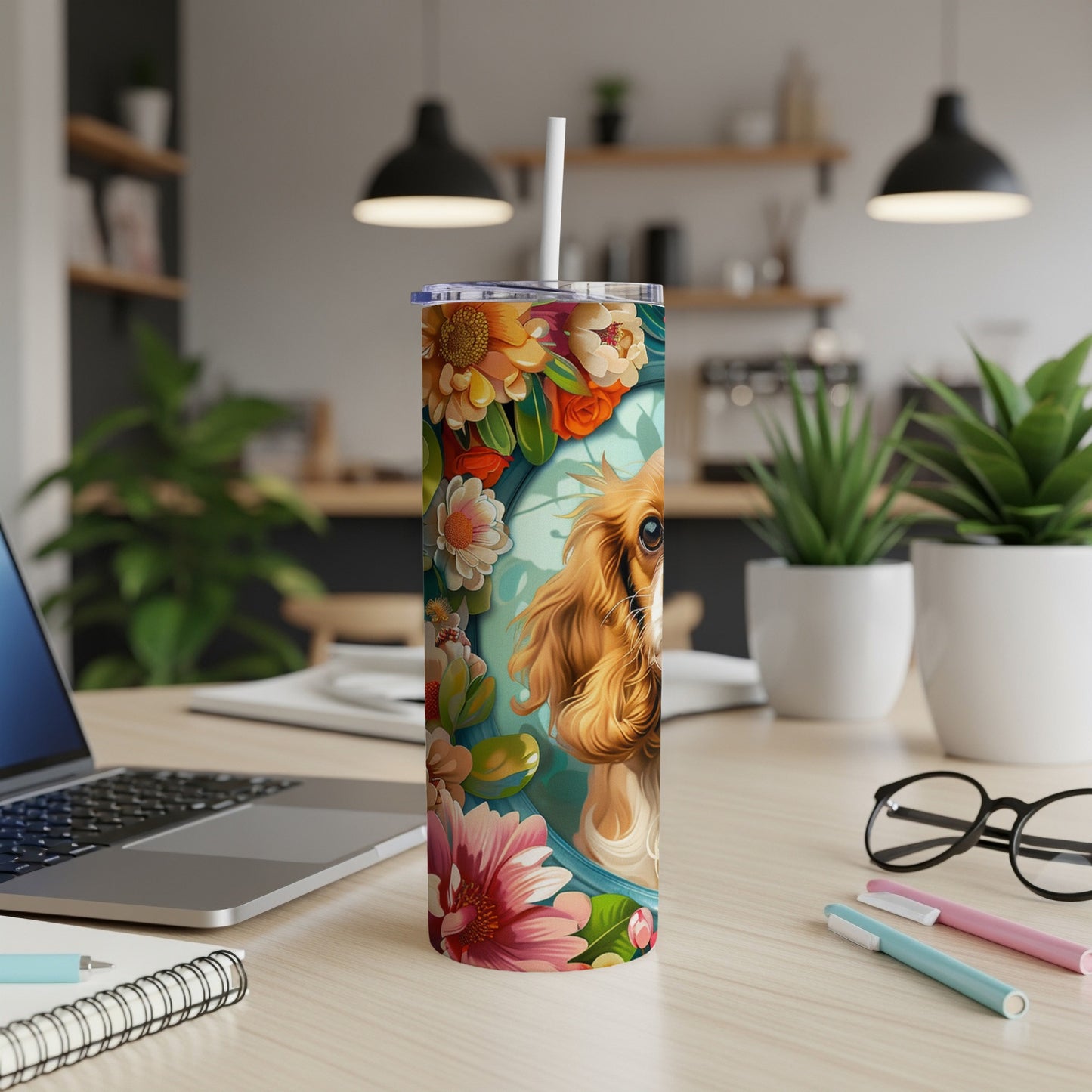 Tall tumbler with Cavalier King Charles Spaniel dog and floral design.