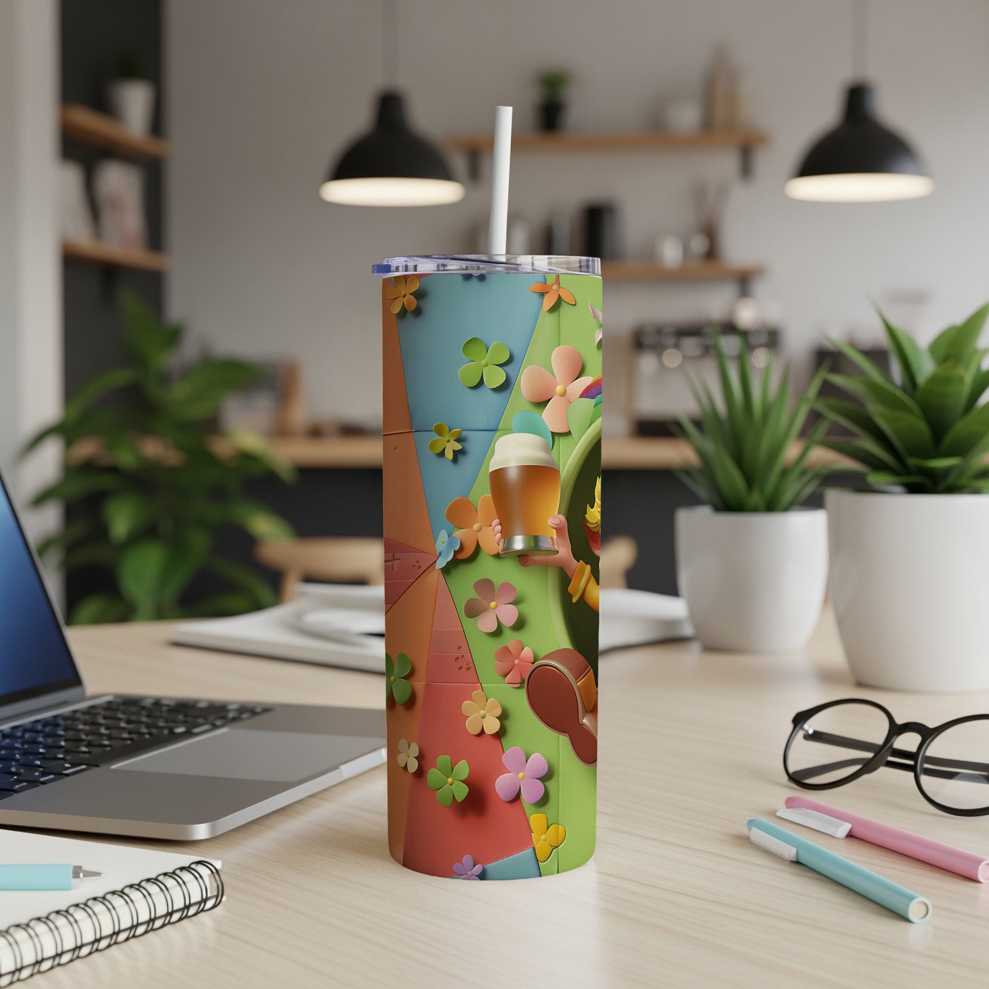 Tumbler with colorful floral pattern and beer glass illustration.