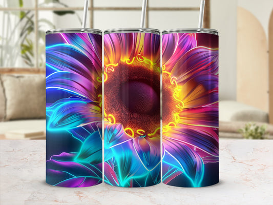 Neon sunflower design on three skinny tumblers with straws.