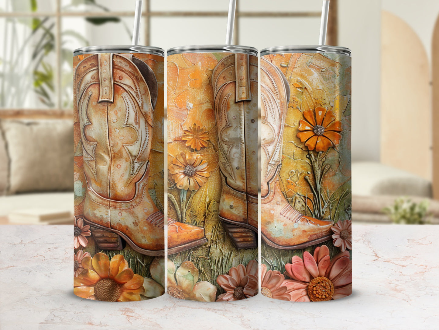 Three tumblers featuring distressed cowboy boots and sunflowers.