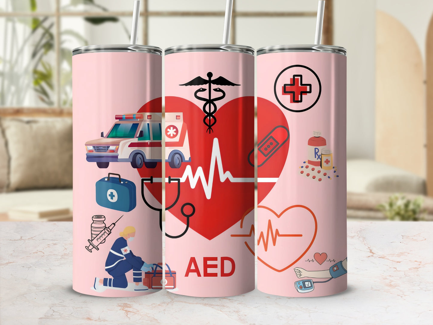 Medical Theme Printed Tumbler with Straw for Healthcare