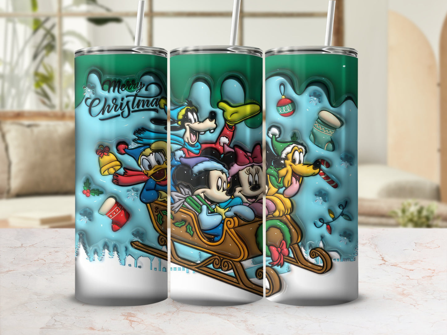 Merry Christmas Characters on Sleigh Tumbler Cup