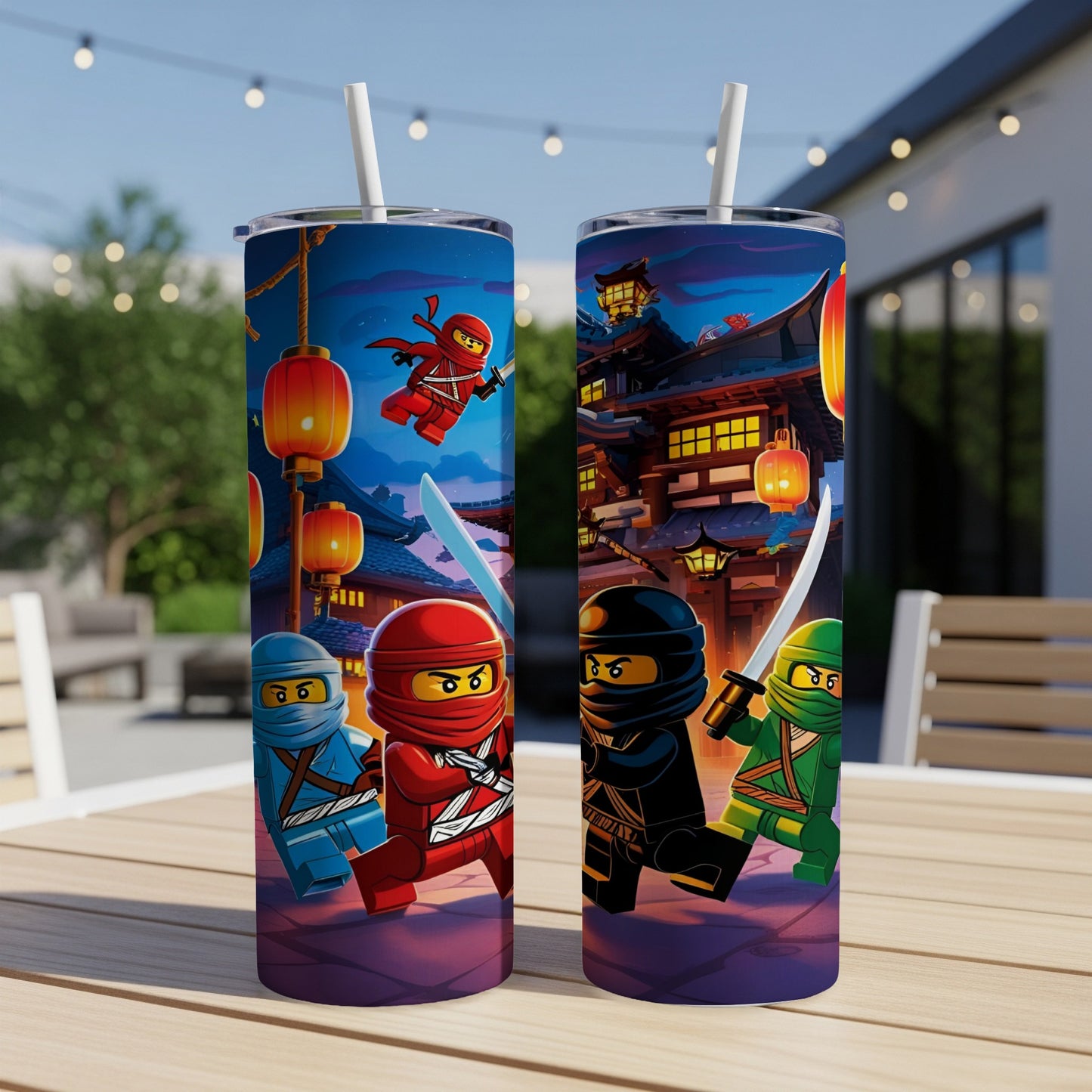 Two Lego Ninjago tumblers with characters Kai, Jay, Cole, and Zane.