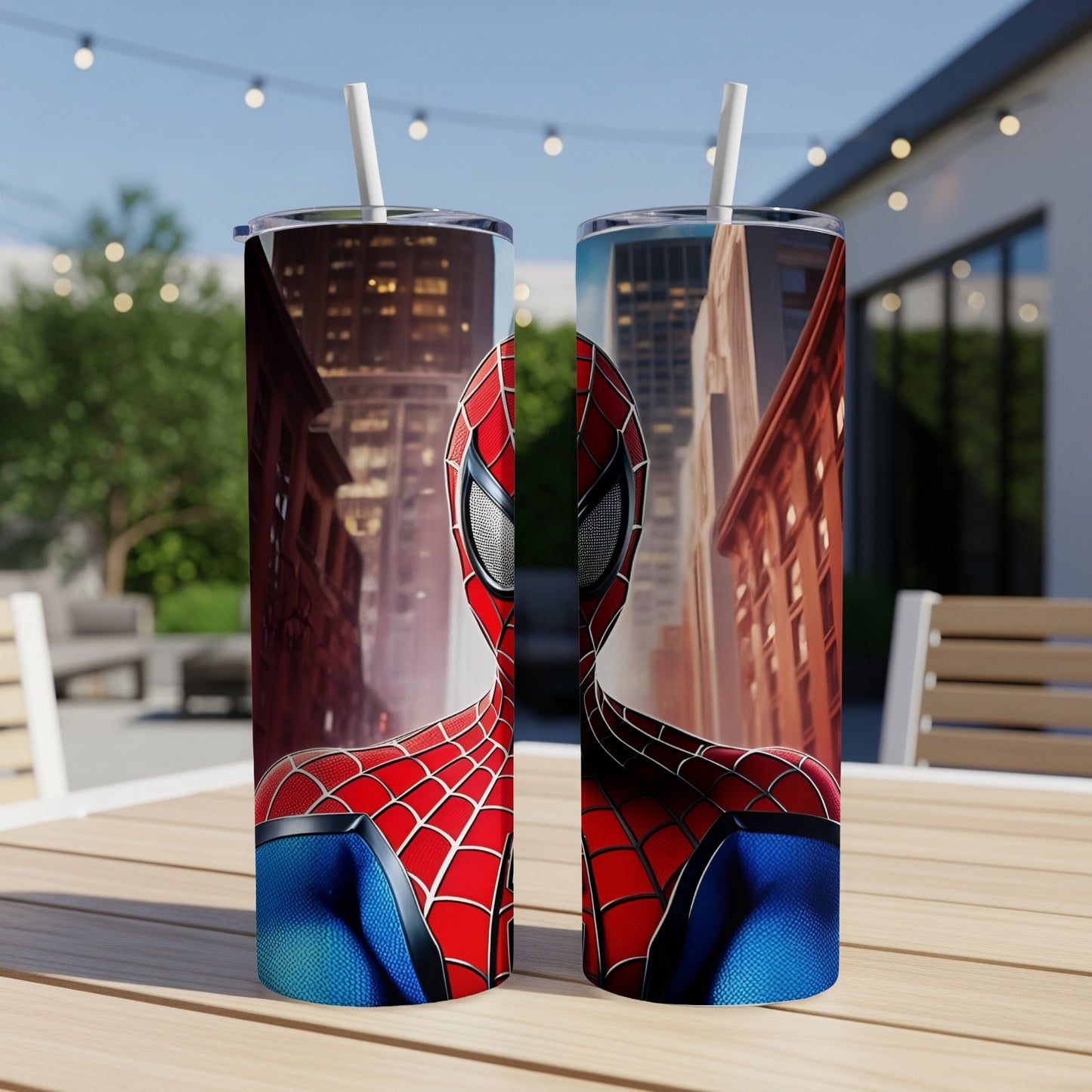 Spider-Man's mask and suit design on two tumblers.