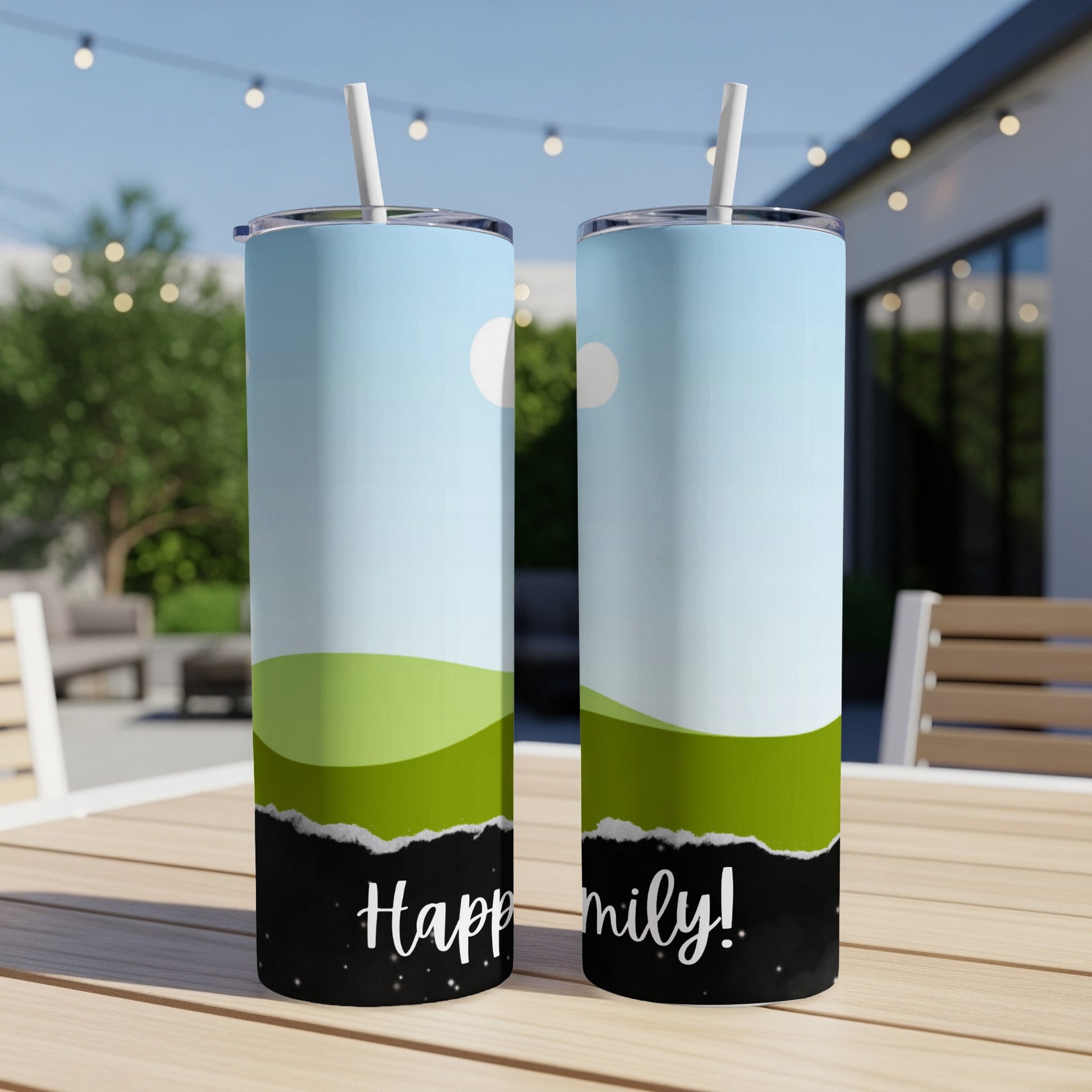 Two tumblers with a blue sky, green hills, and "Happy Family!" text.