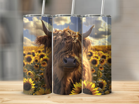 Highland cow and sunflowers on a tumbler.