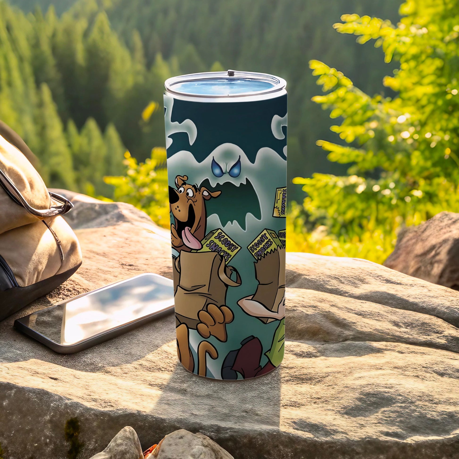 Scooby-Doo tumbler with ghost and snack box graphic.