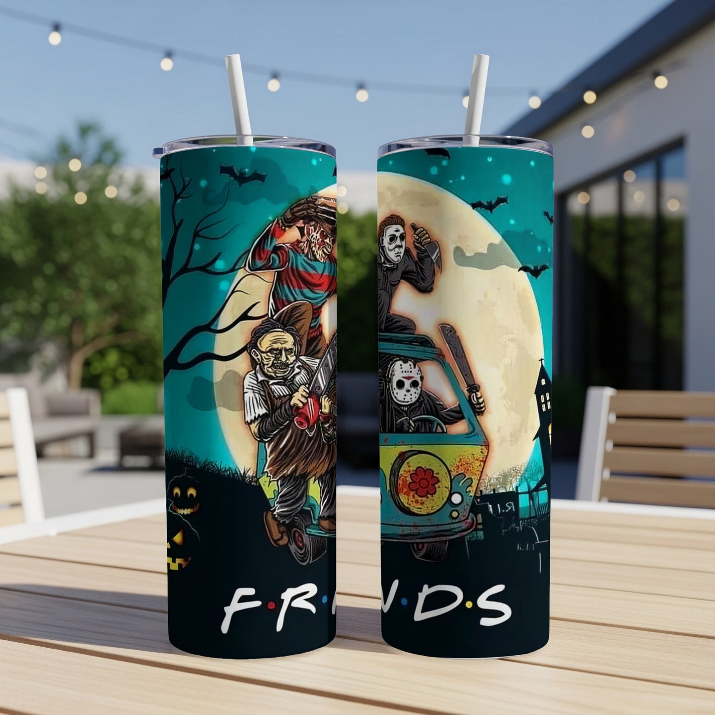 Two tumblers with horror characters and the word "Friends" on a dark background.