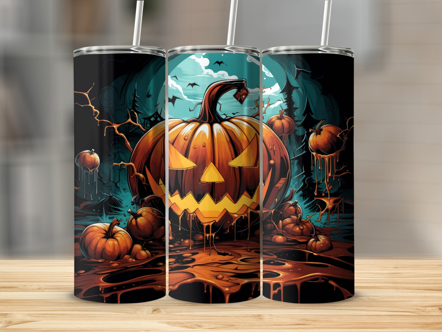 Halloween tumbler with a spooky jack-o'-lantern, pumpkins, and bats in a dark forest.
