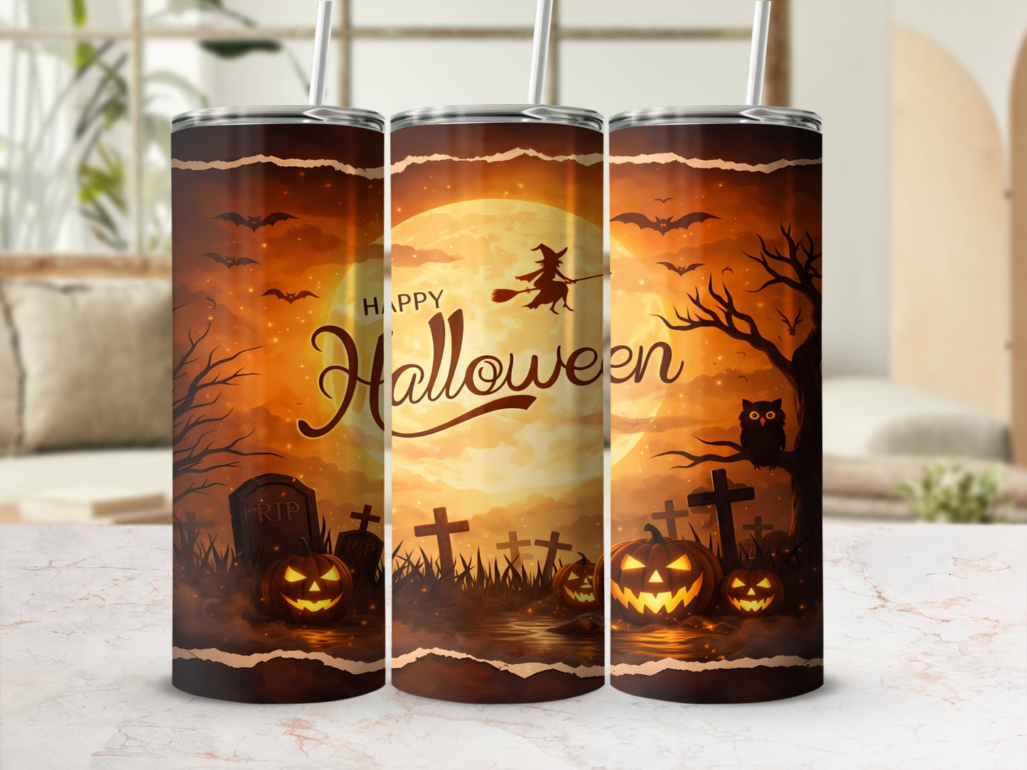 Three tumblers with a spooky Halloween design featuring jack-o'-lanterns, bats, and a witch.
