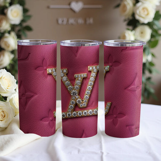 Pink Tumbler Featuring Embossed Monogram and Logos