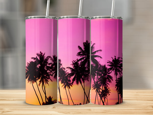 Sunset Palm Tree Design Pink Travel Tumbler Product