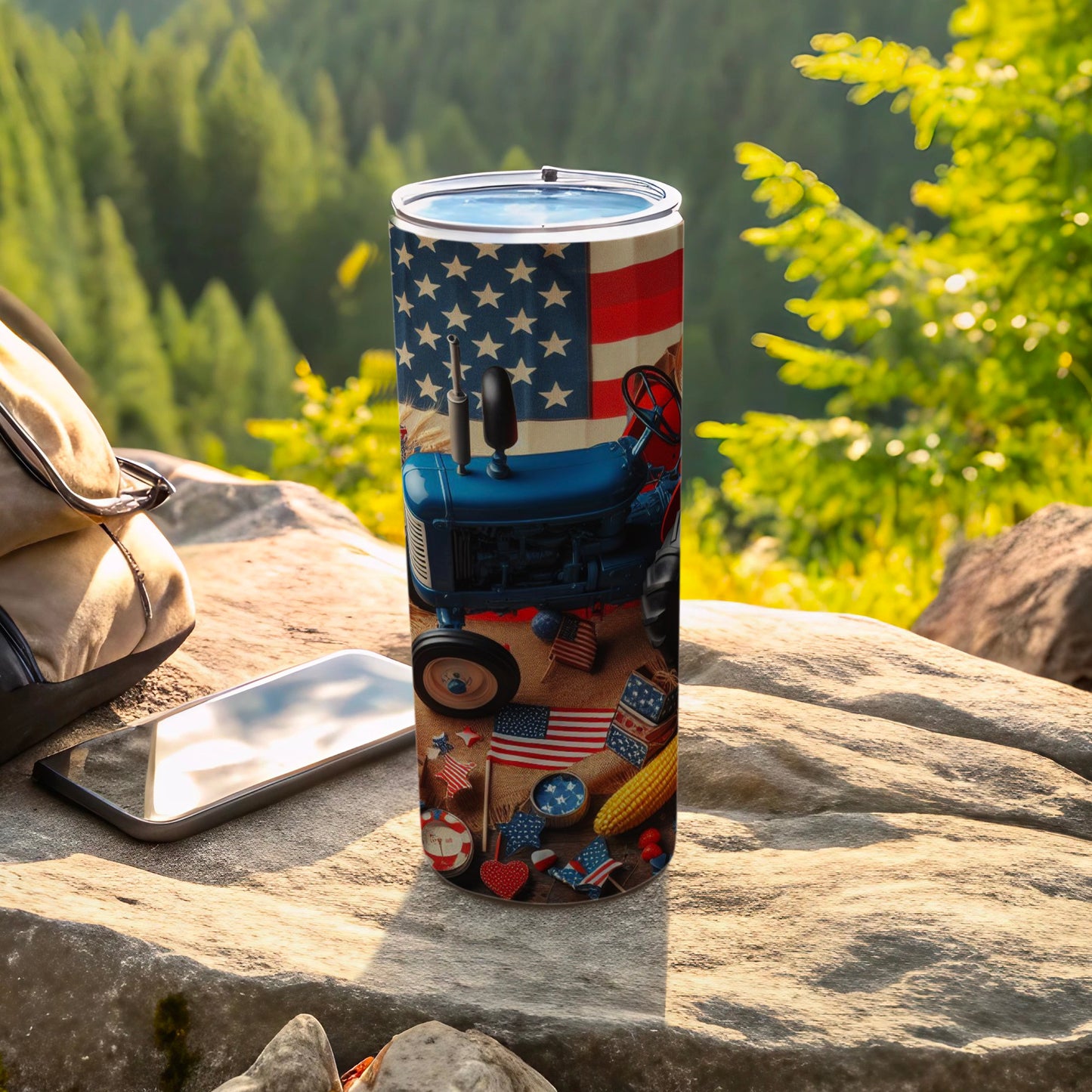 Blue tractor with American flag, corn, and patriotic decorations on a tumbler.