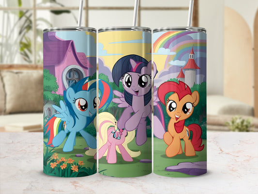Three My Little Pony characters on colorful tumblers with a rainbow and castle background.