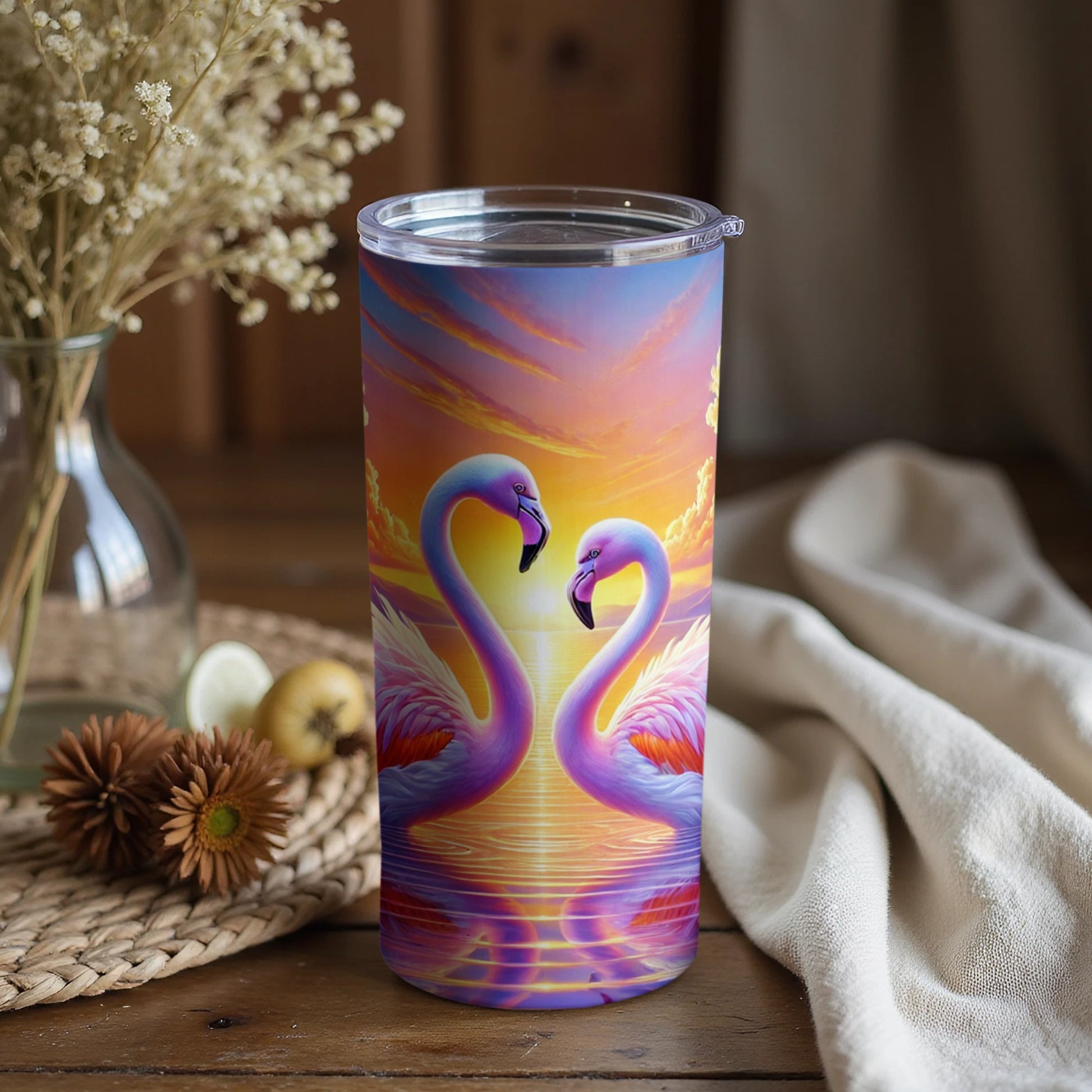Vibrant Sunset Flamingo Scene Artistic Tumbler Cup