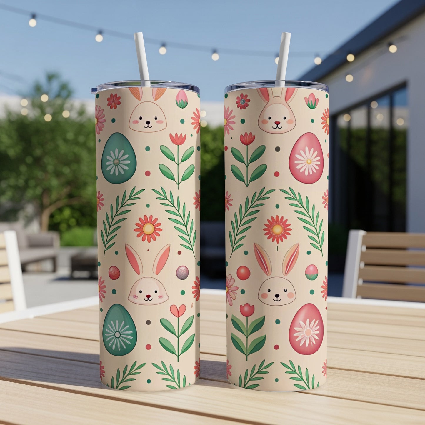 Two Easter-themed tumblers with bunny and egg designs on an outdoor table.