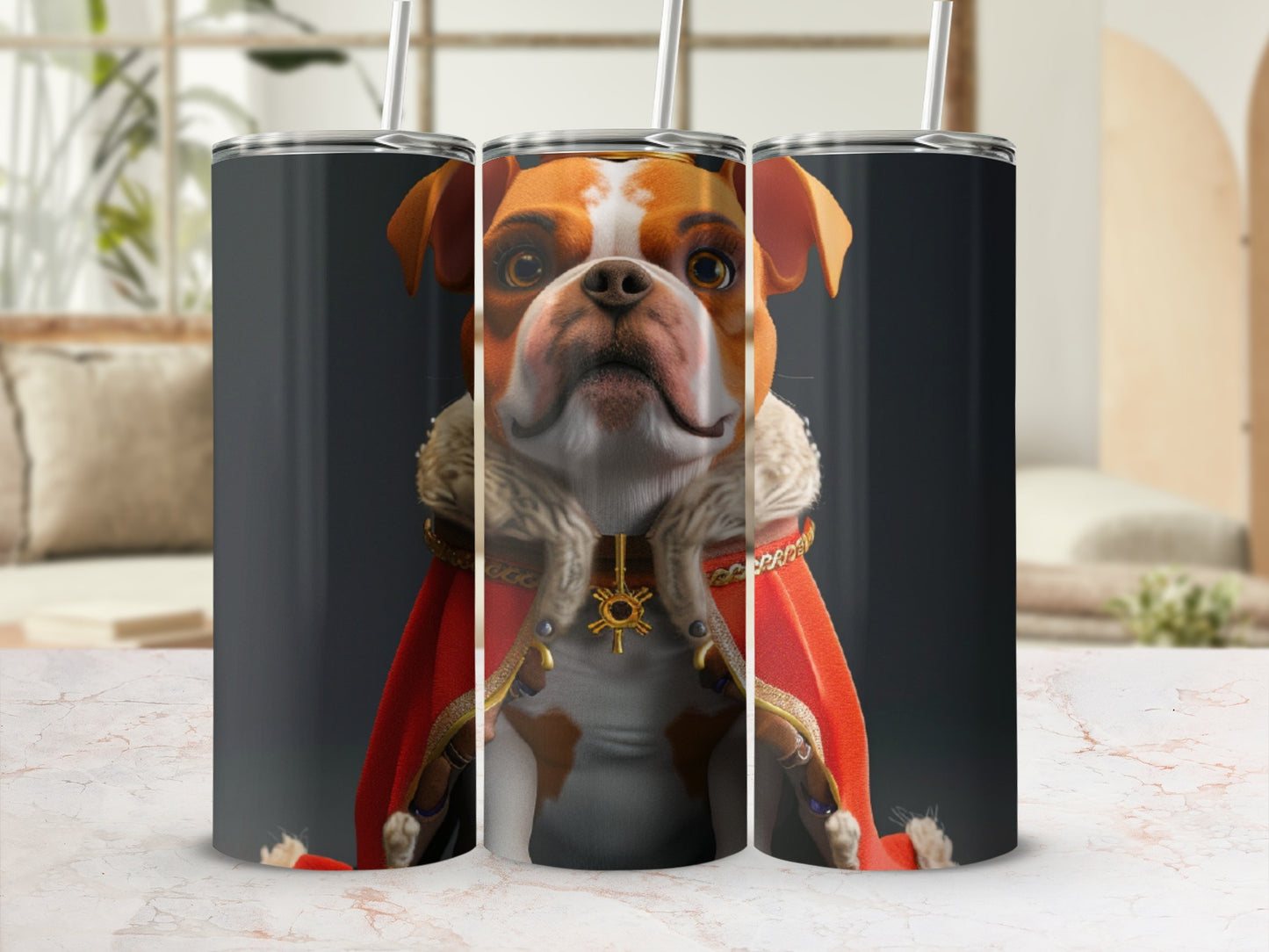 English Bulldog in regal attire, wearing a red cape and golden necklace.
