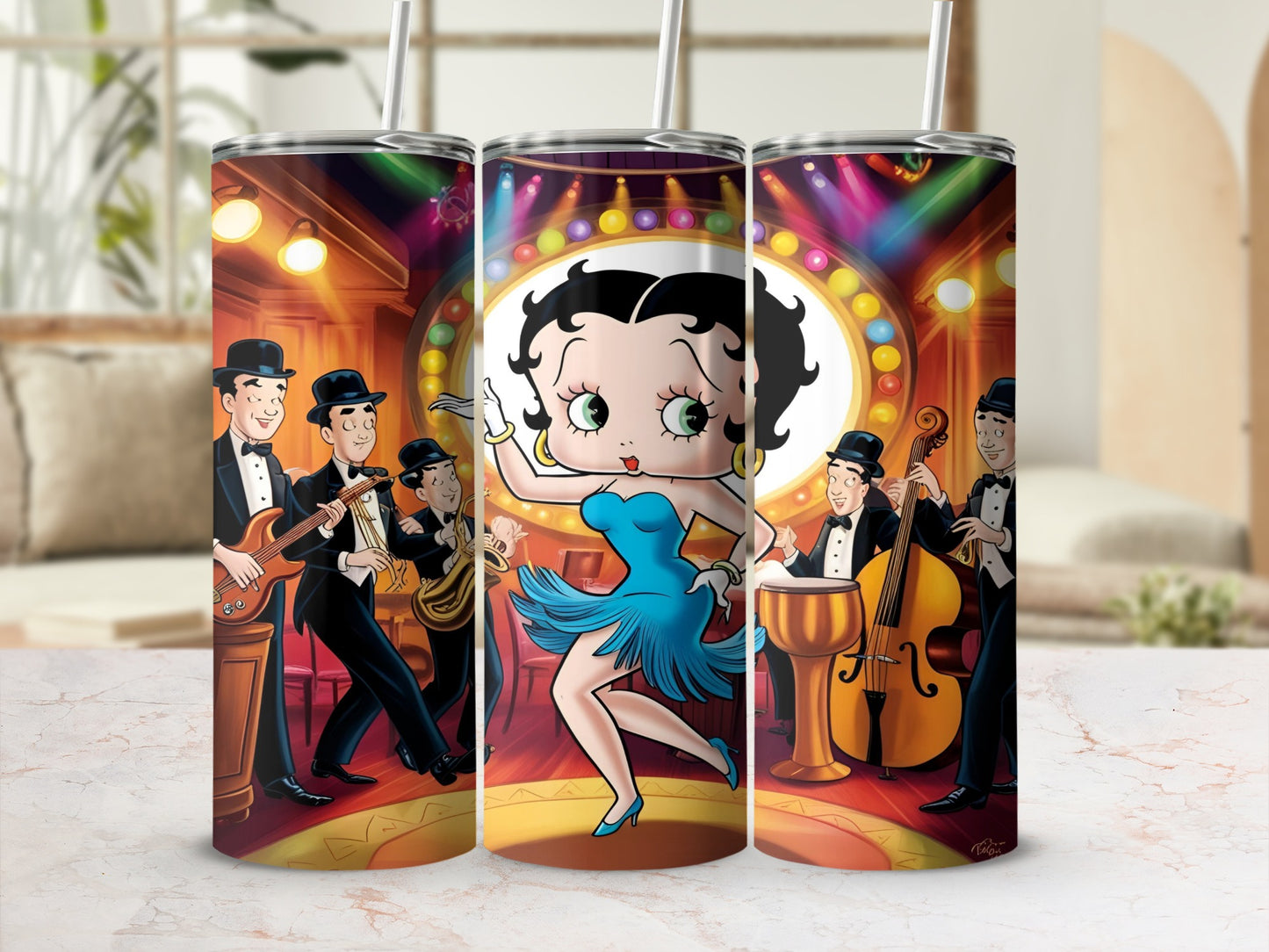 Betty Boop dancing in a blue dress on stage with a jazz band.