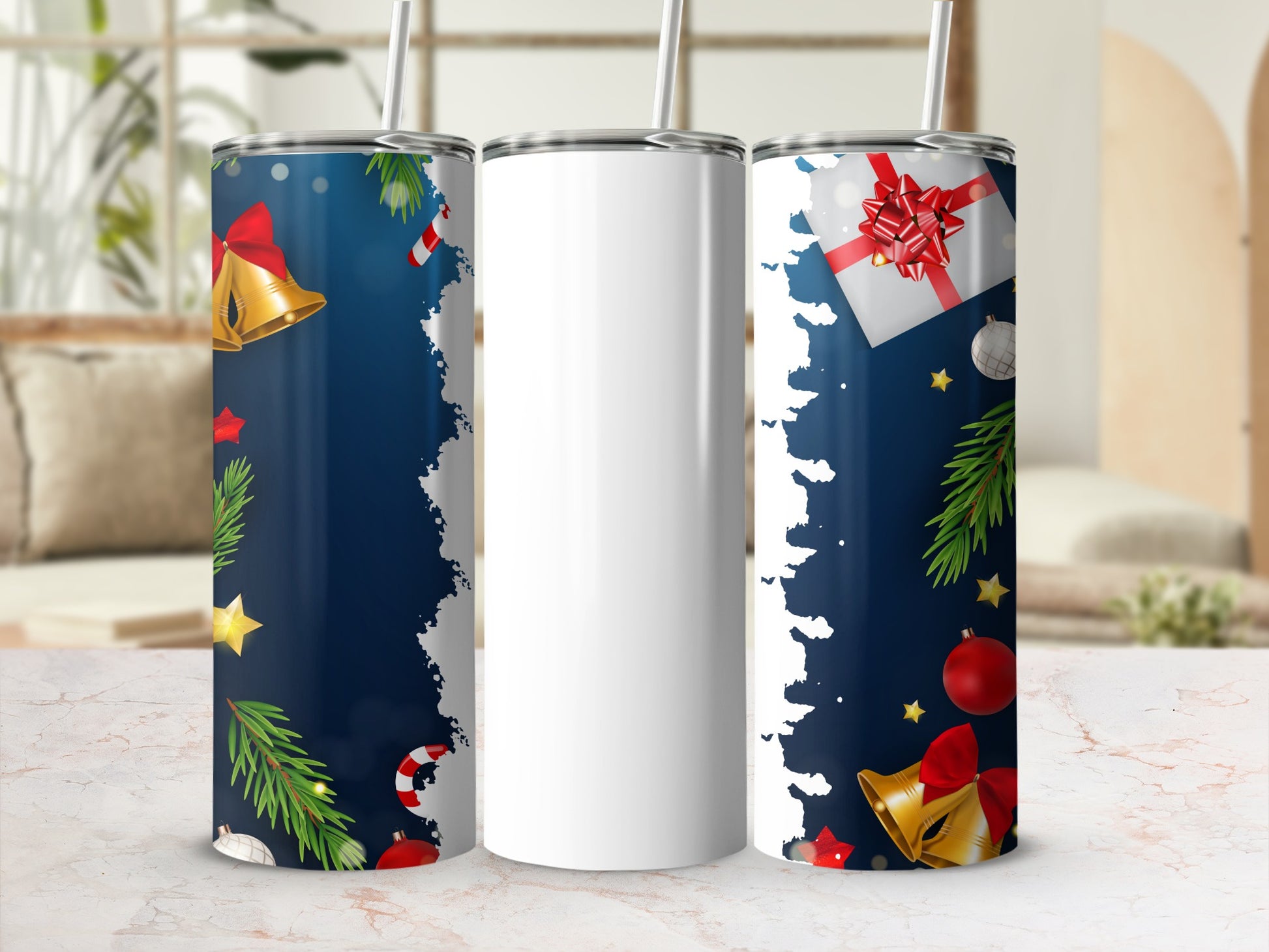 Festive Holiday Design Tumbler With Bells And Gift Box