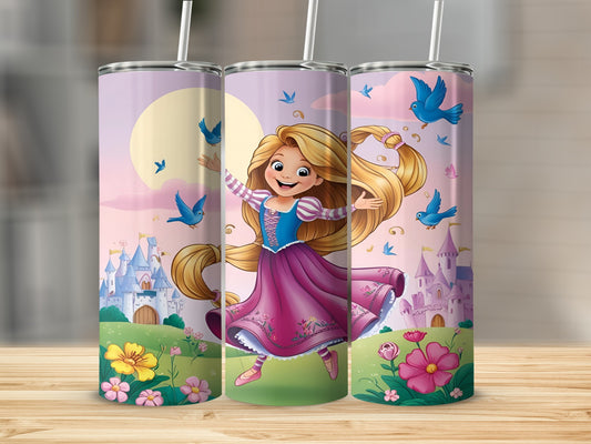 Rapunzel and birds in front of a castle, on a skinny tumbler.