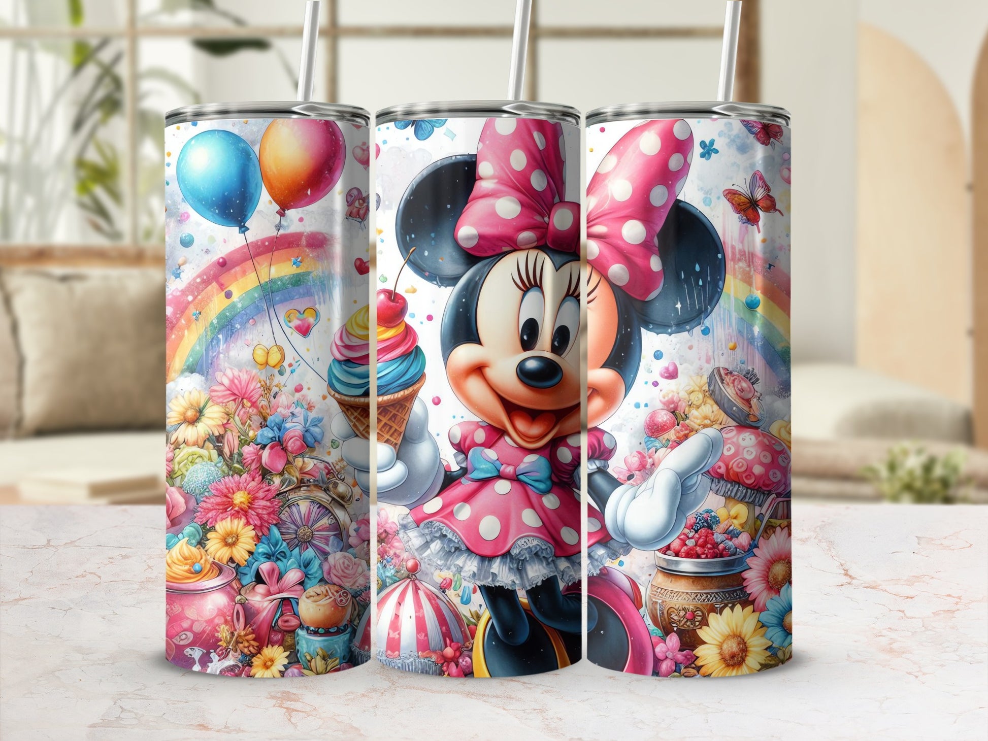 Colorful Minnie Mouse Tumbler with Balloons and Flowers