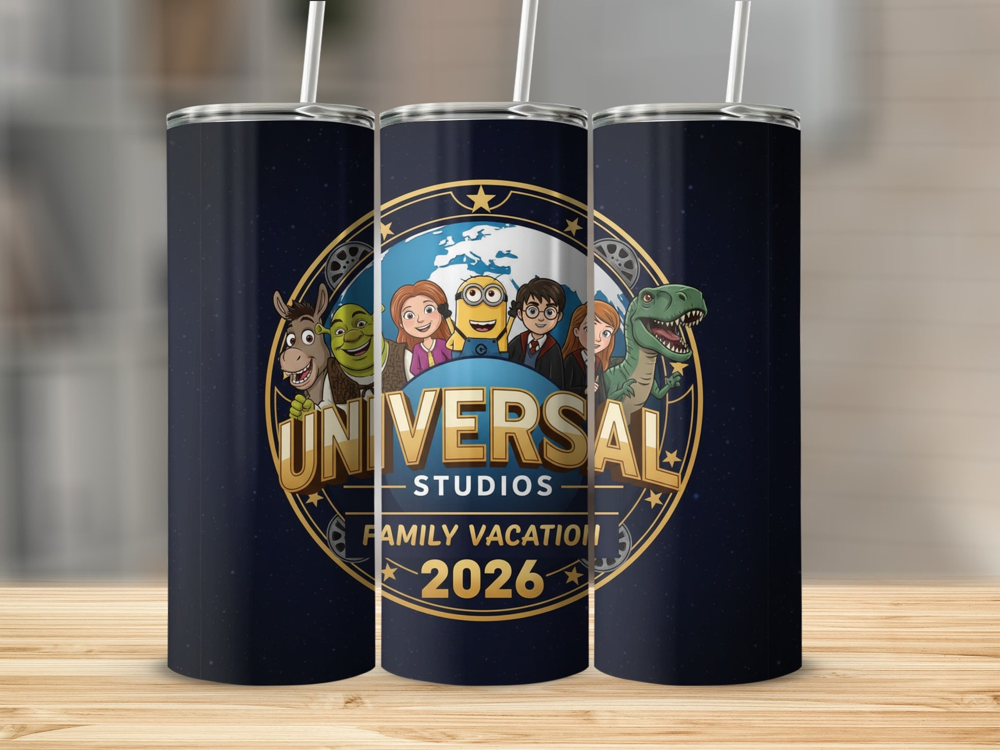 Universal Studios Family Vacation 2026 tumbler with movie characters.