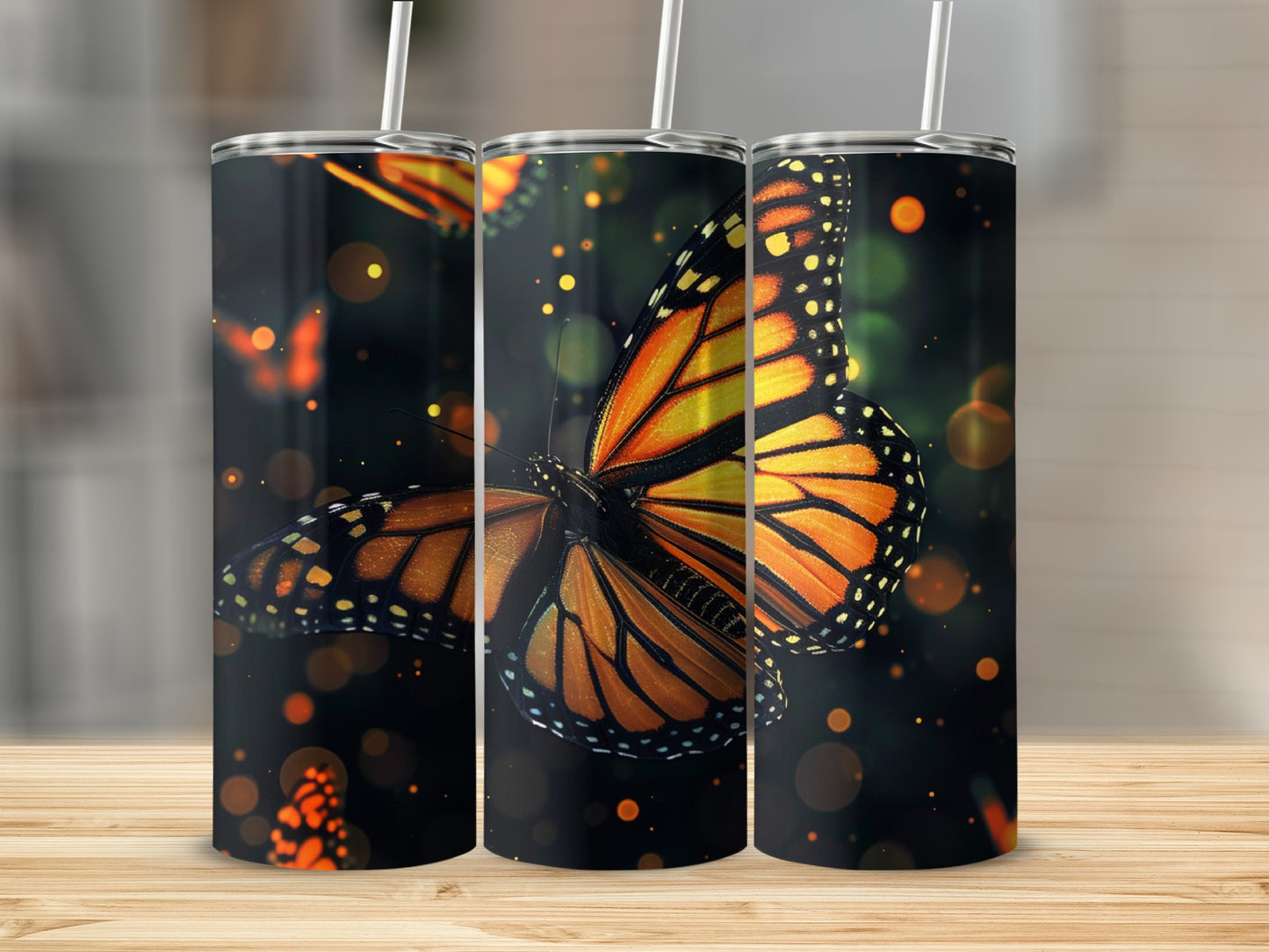 Monarch butterfly on a dark background with bokeh lights.