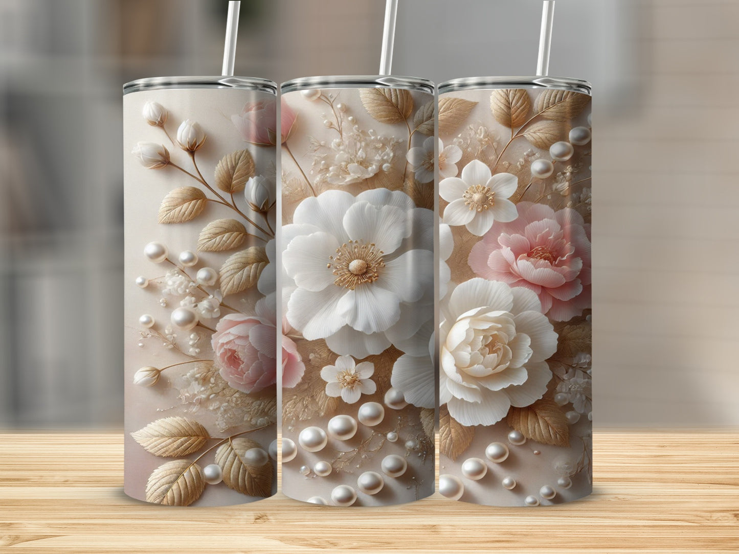 Elegant Floral Tumbler with Pearl Accents Design