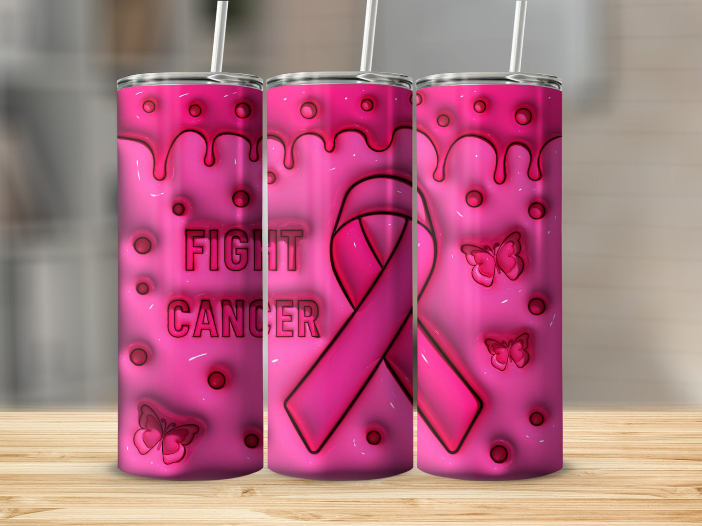 Three pink tumblers with a cancer ribbon and butterflies design.