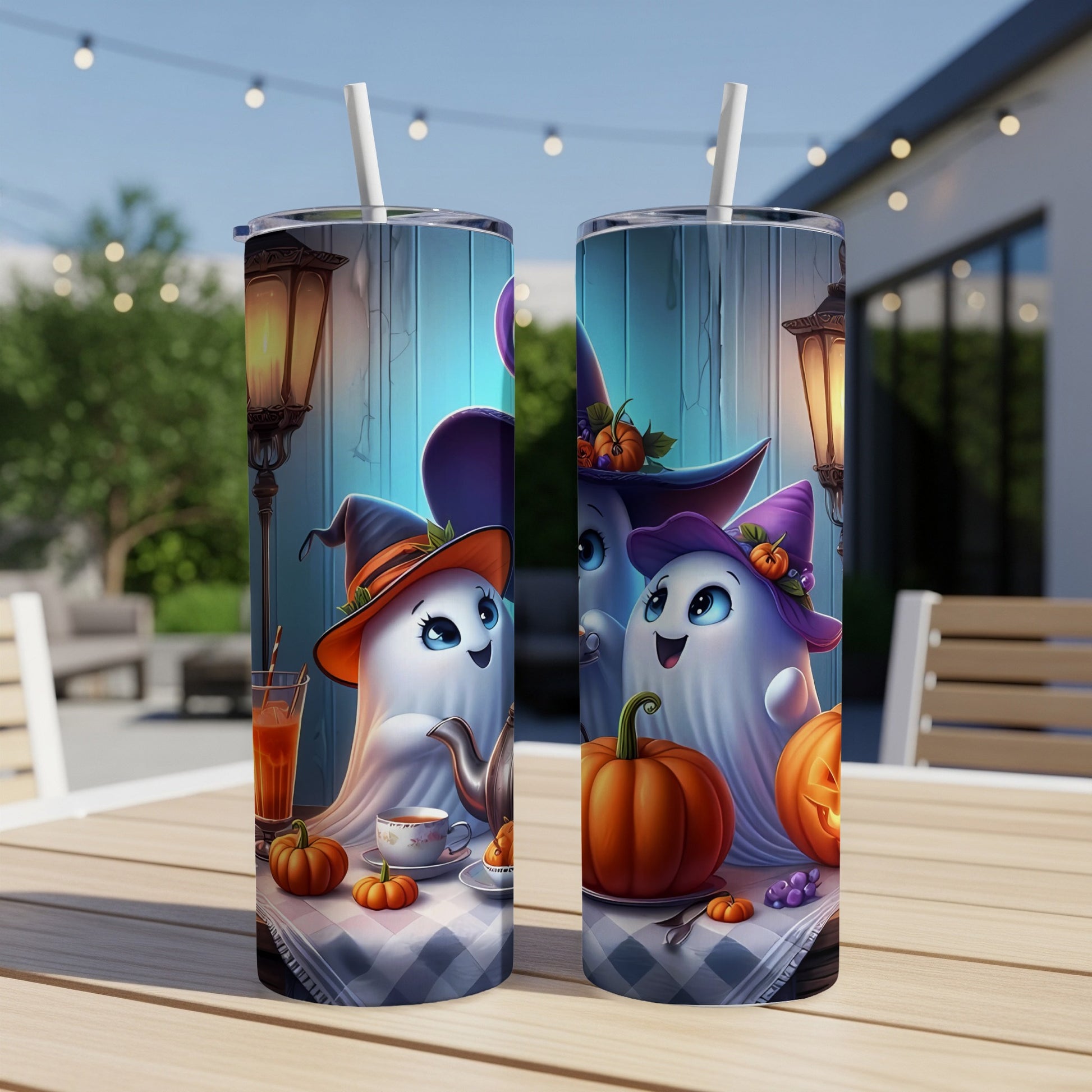 Two tumblers featuring cute ghosts in witch hats with pumpkins and Halloween decorations.