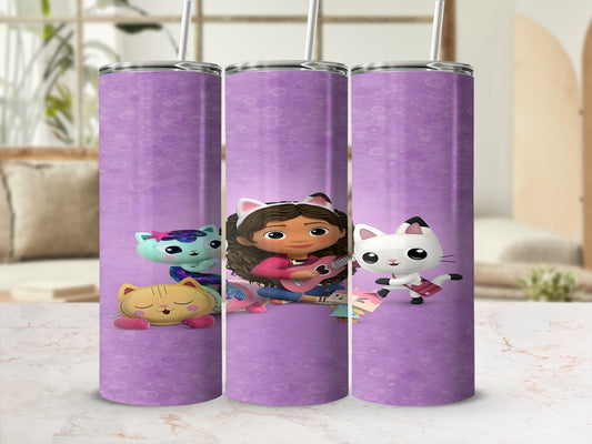 Three Gabby's Dollhouse tumblers featuring Gabby and cat characters on a purple background.