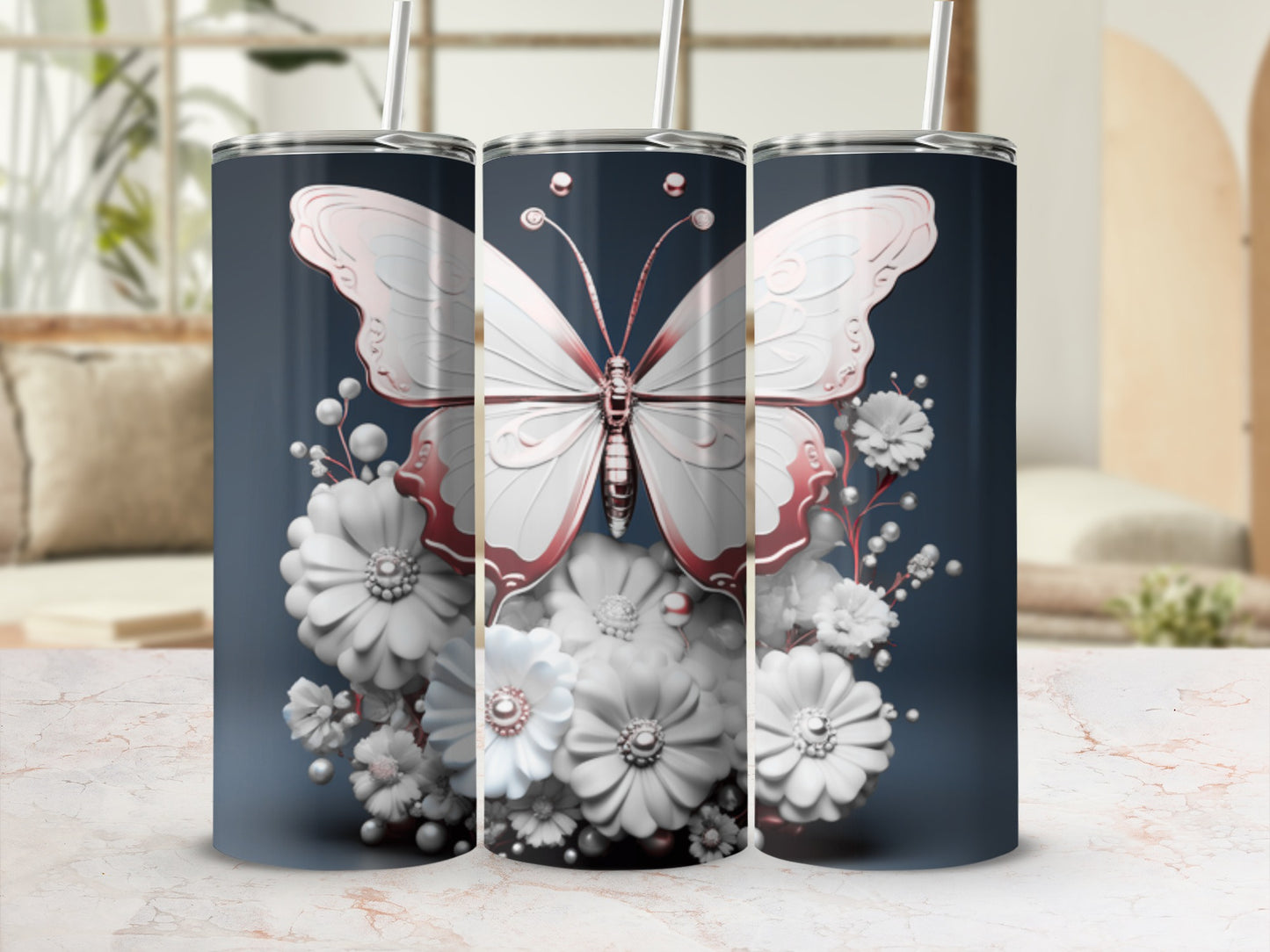 Three tumblers featuring a pale pink butterfly on a floral background.