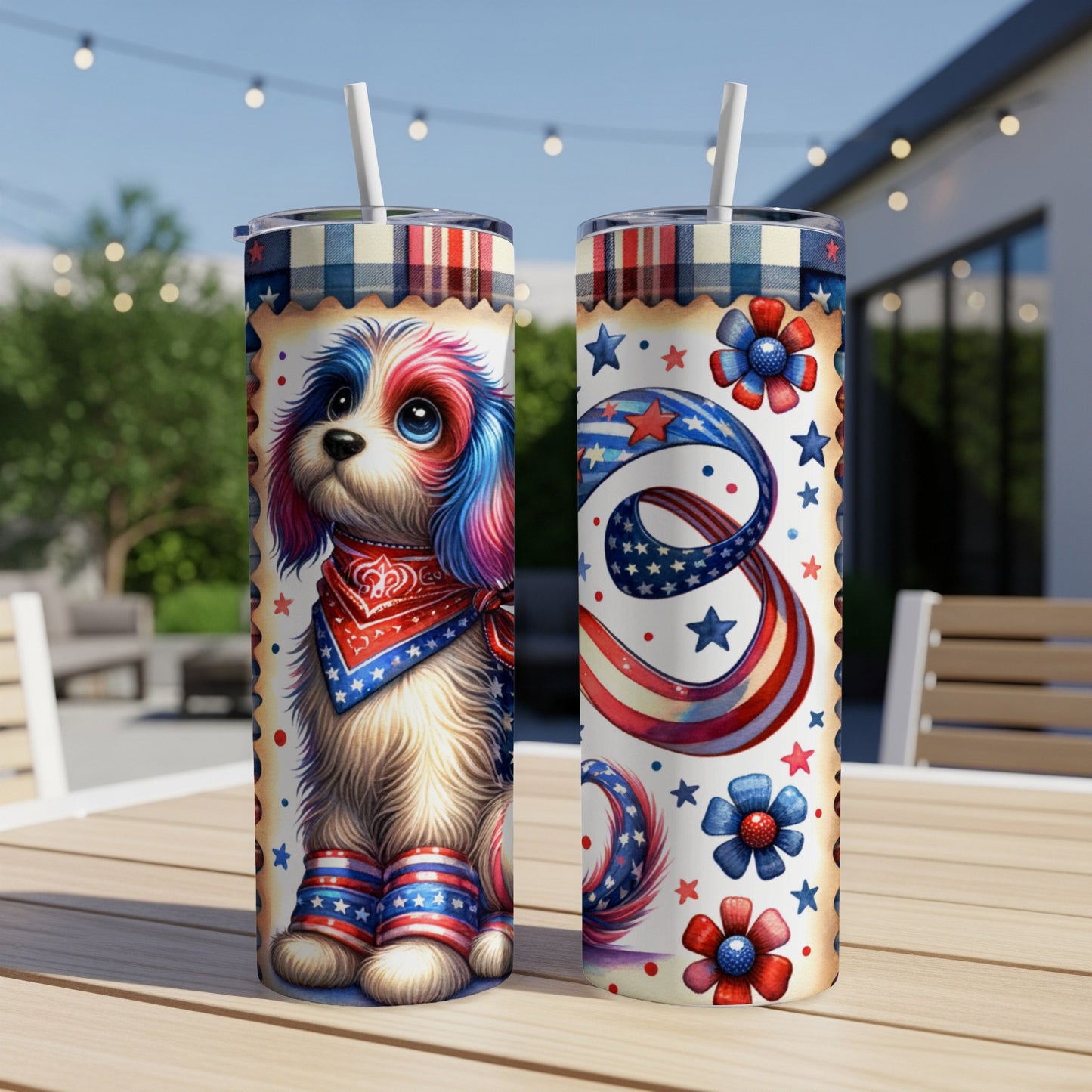 Dog with patriotic bandana and stars on 4th of July themed tumblers.