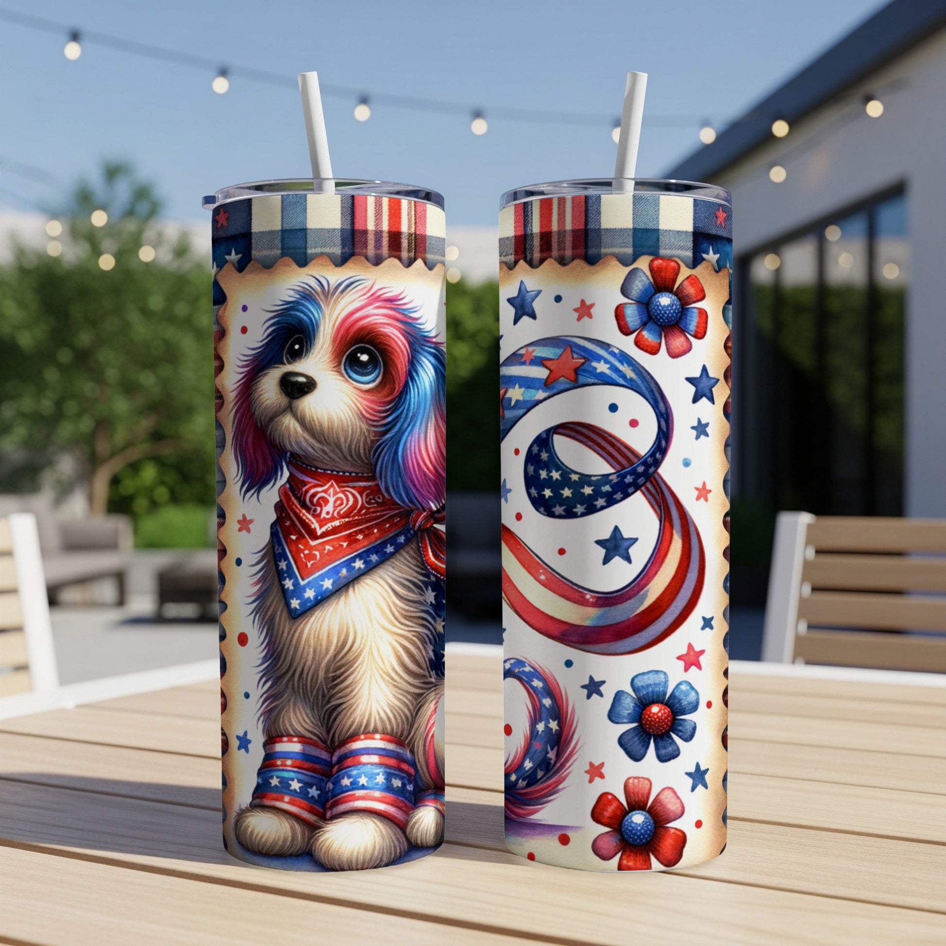 Dog with patriotic bandana and stars on 4th of July themed tumblers.
