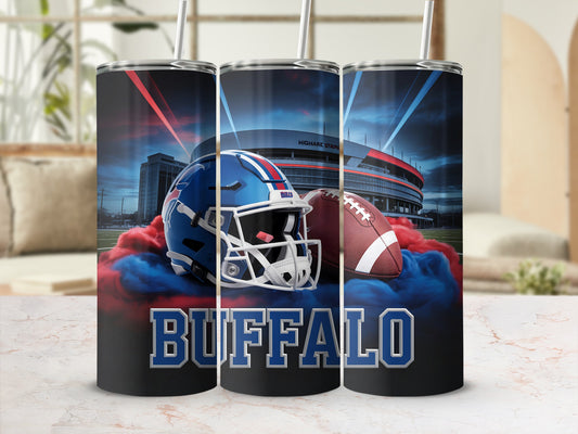 Buffalo Bills helmet, football, and stadium on tumbler.