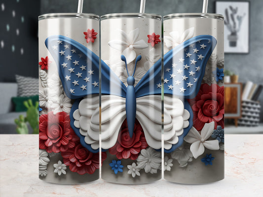 Butterfly design tumbler with red, white, and blue flowers.