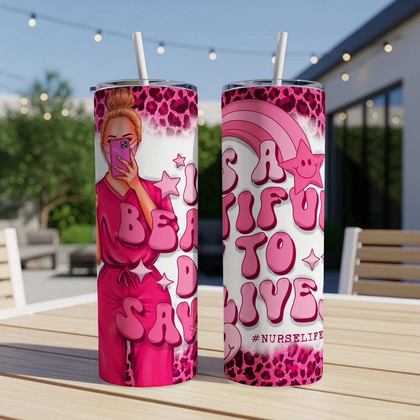 Pink tumbler with nurse graphic and "Be a Nurse to Live" text.