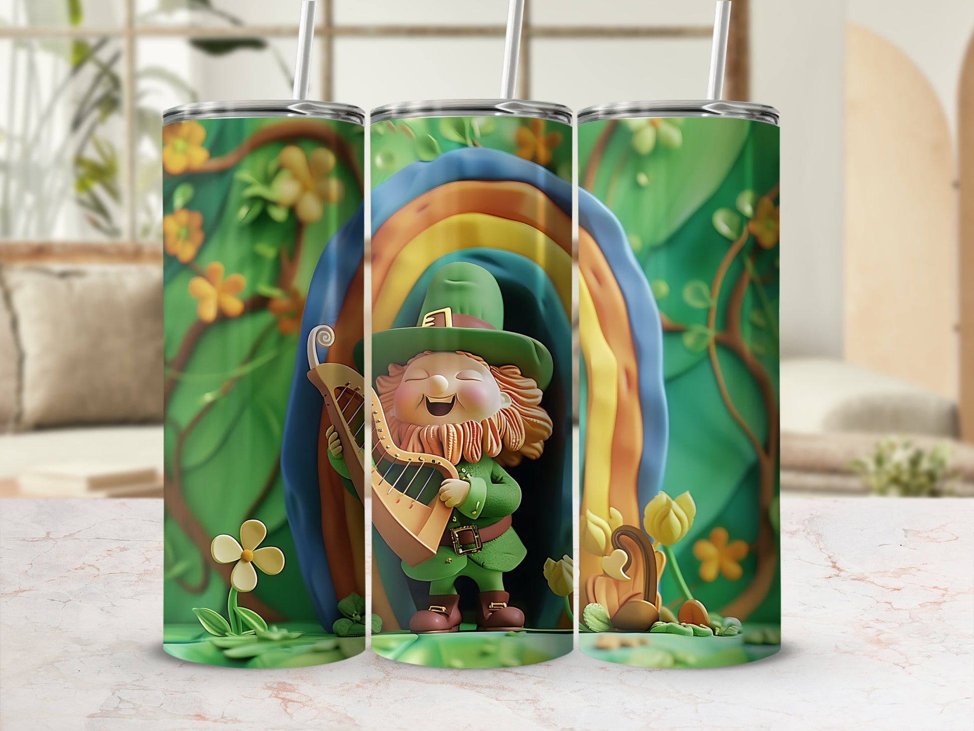 Leprechaun playing a harp inside a rainbow arch, with shamrocks and flowers.