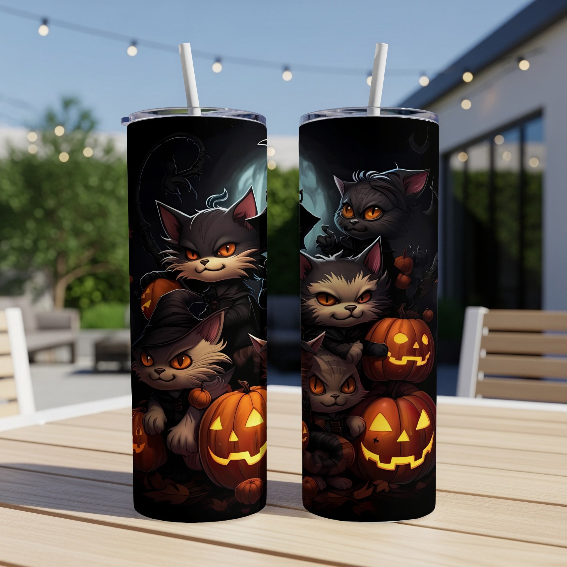 Two Halloween-themed tumblers featuring spooky cats and pumpkins.
