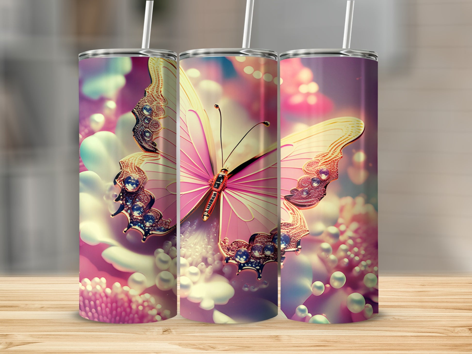 Pink butterfly on a floral background with pearls and a straw.