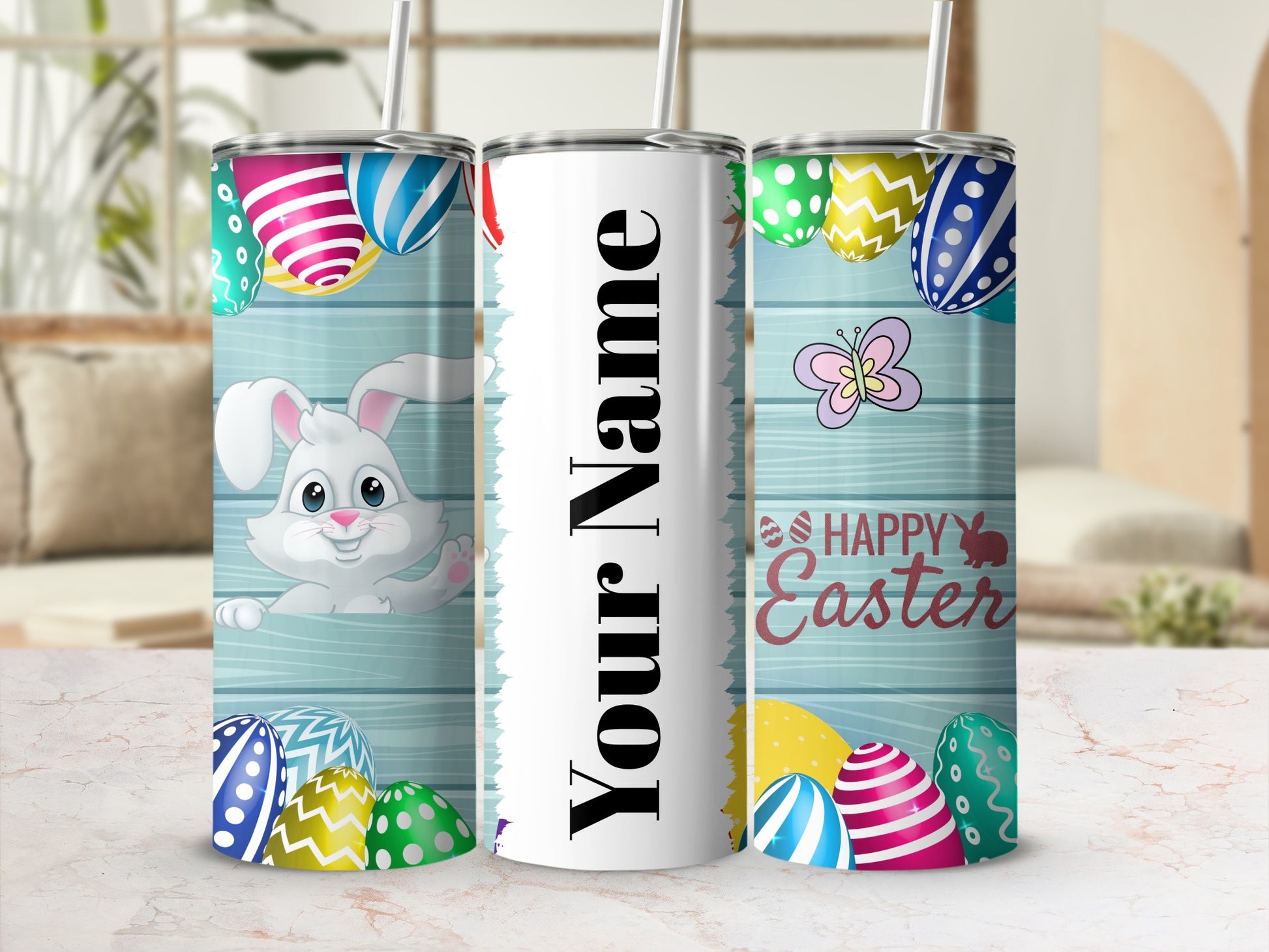 Personalized Happy Easter Bunny and Eggs Tumbler